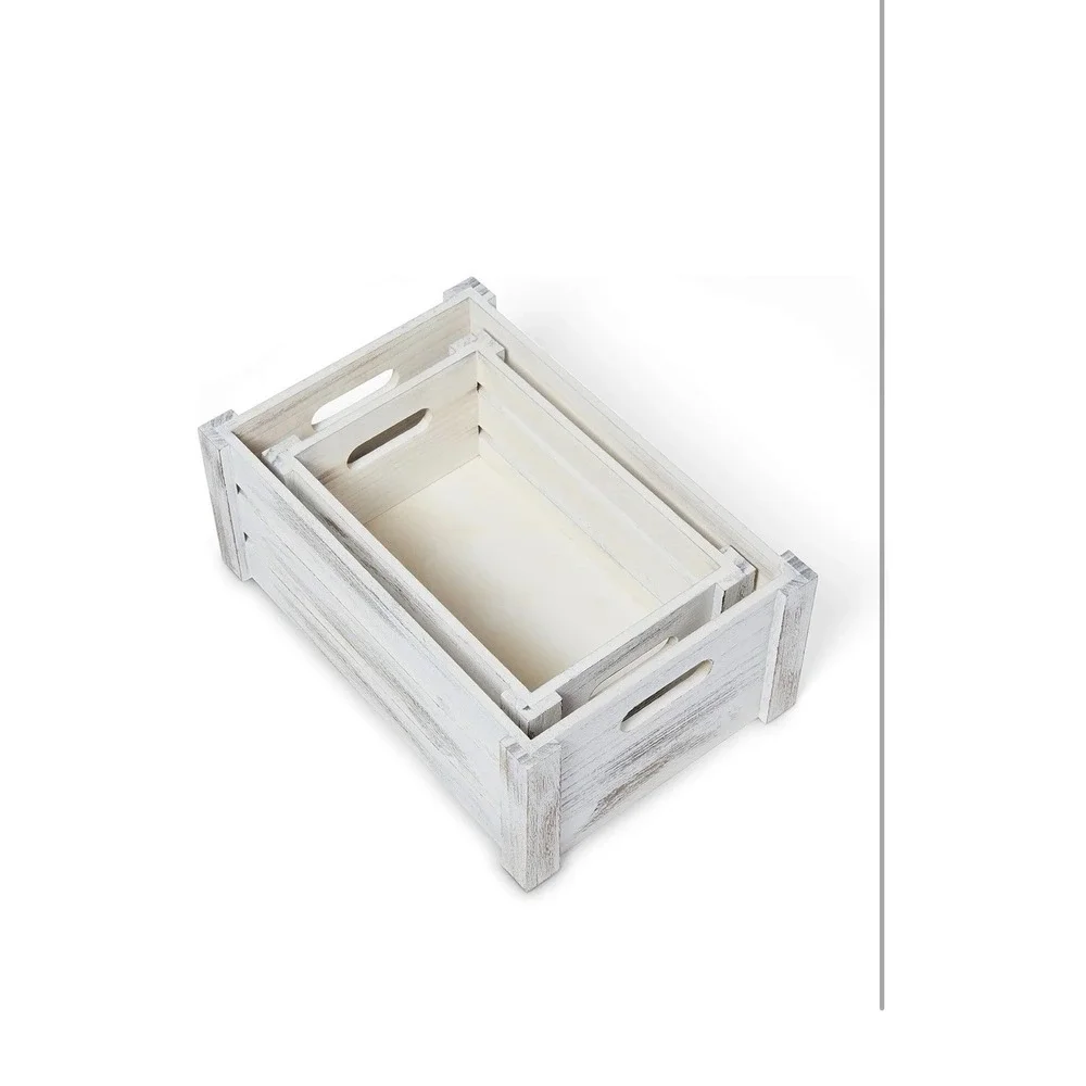 Farmhouse Wooden Crate Set | Whitewashed Nesting Storage Boxes Set of 2